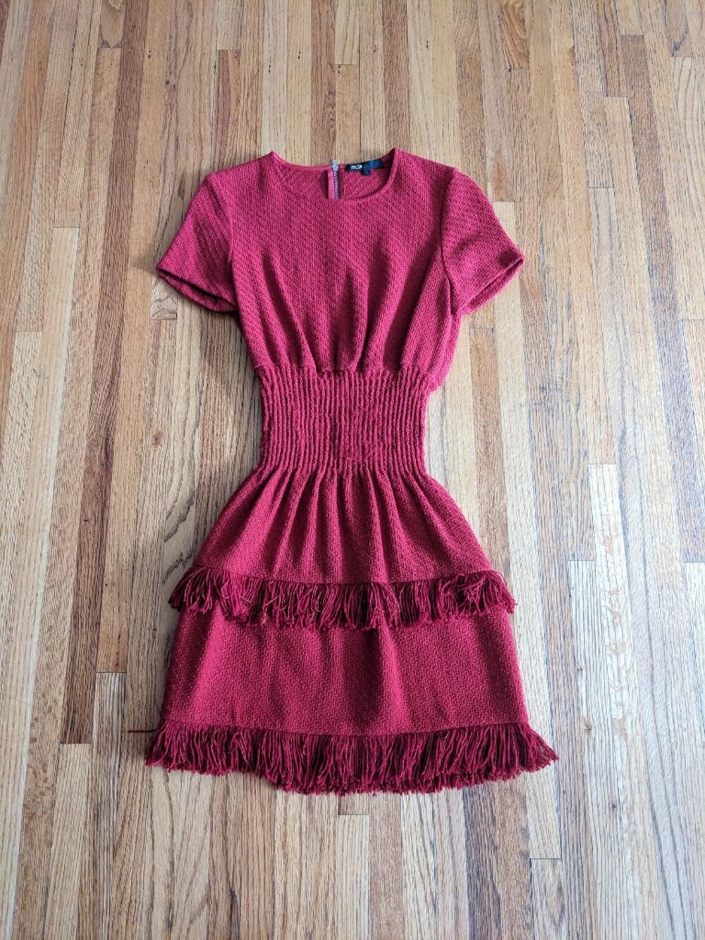 Maje tweed red mini dress with fringe